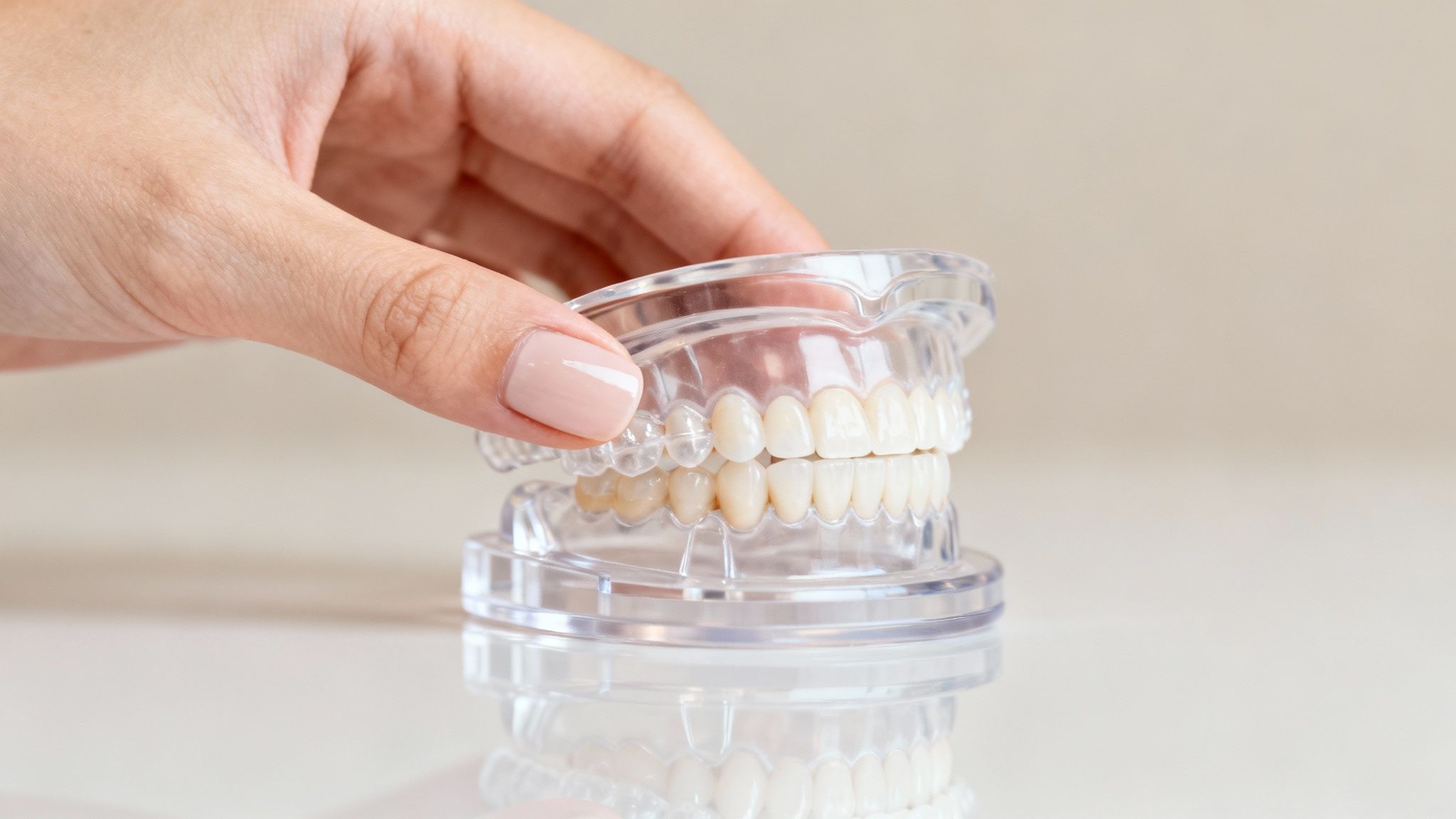 A hand holds a transparent dental model showcasing healthy, aligned upper and lower teeth.