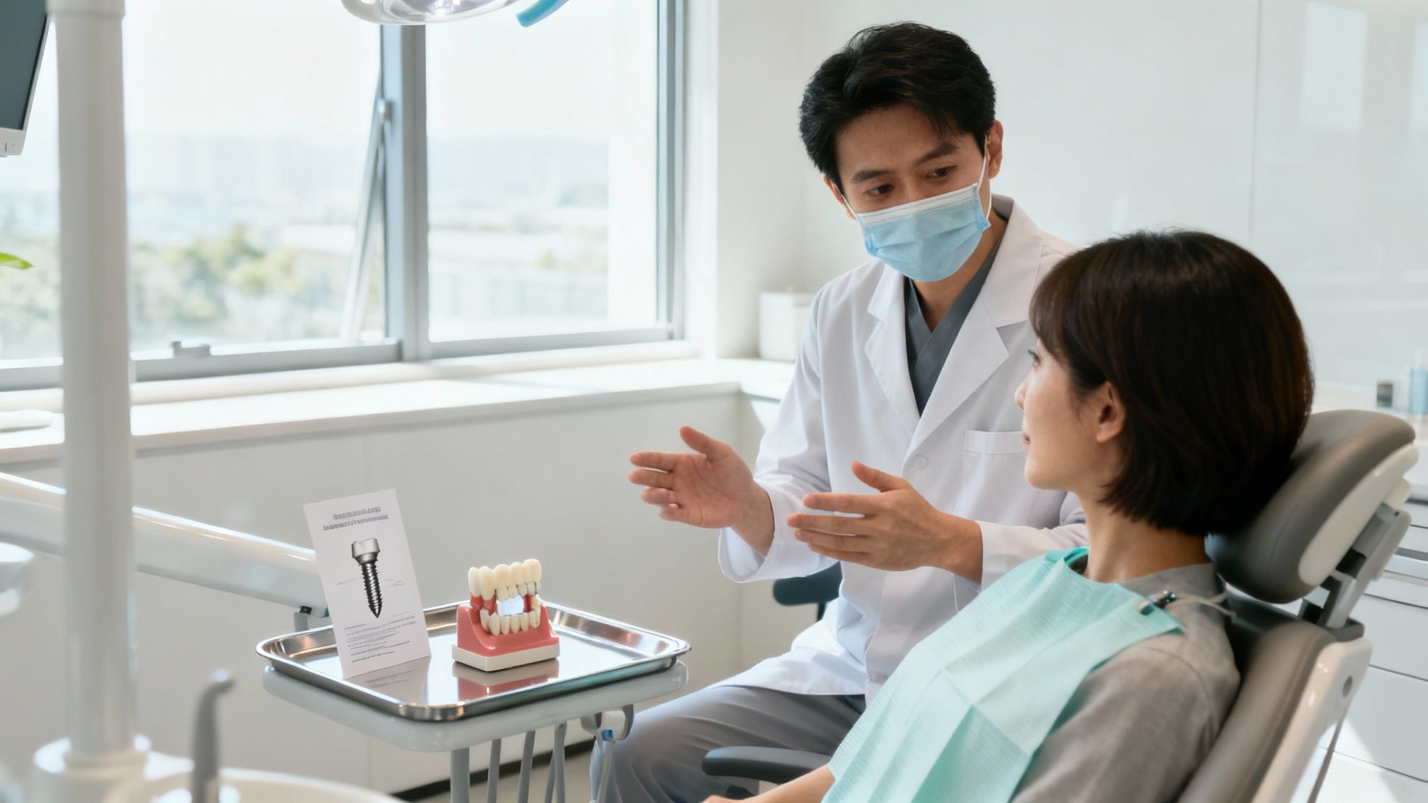 A patient asking a dentist questions during a consultation in a bright, modern dental office.