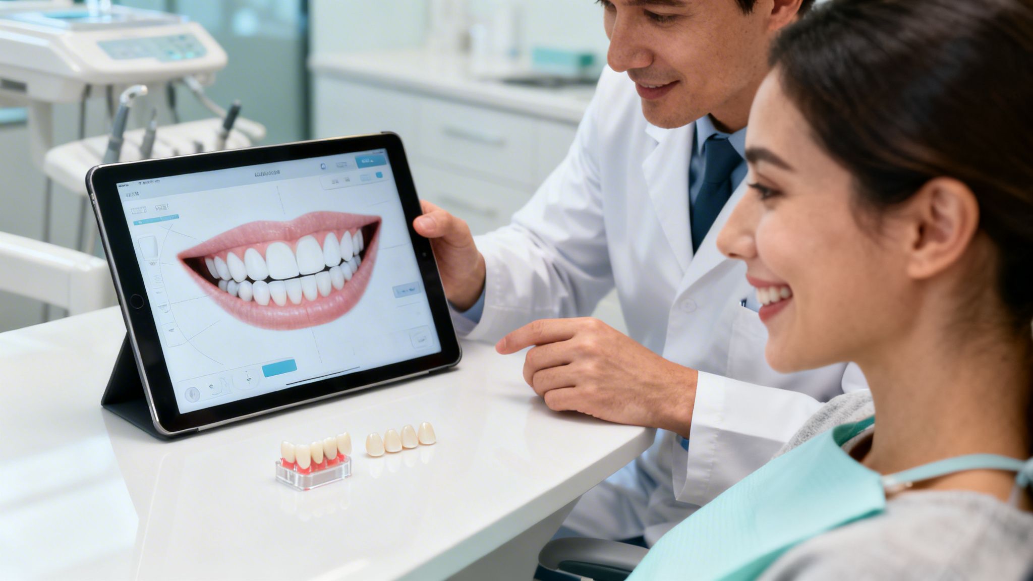 A dentist shows a patient a digital smile design on a tablet, discussing dental treatment options.