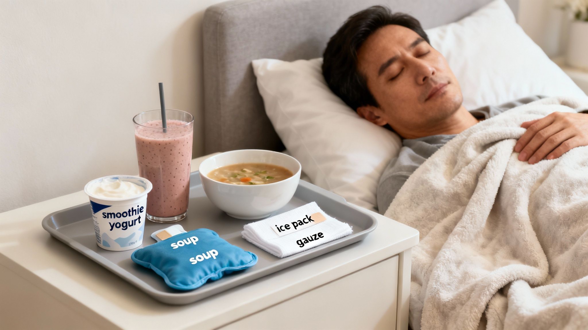 A sick man rests in bed, with a tray of soothing food and recovery essentials on his nightstand.