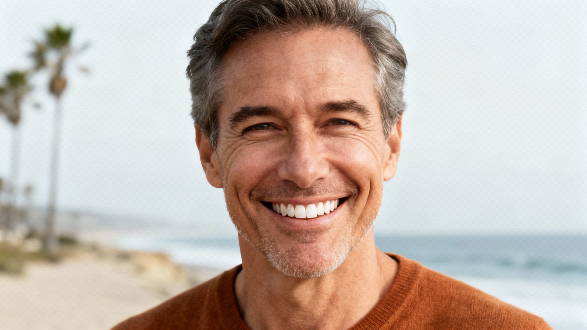 Close-up of a happy man with a bright smile and white teeth by the ocean.