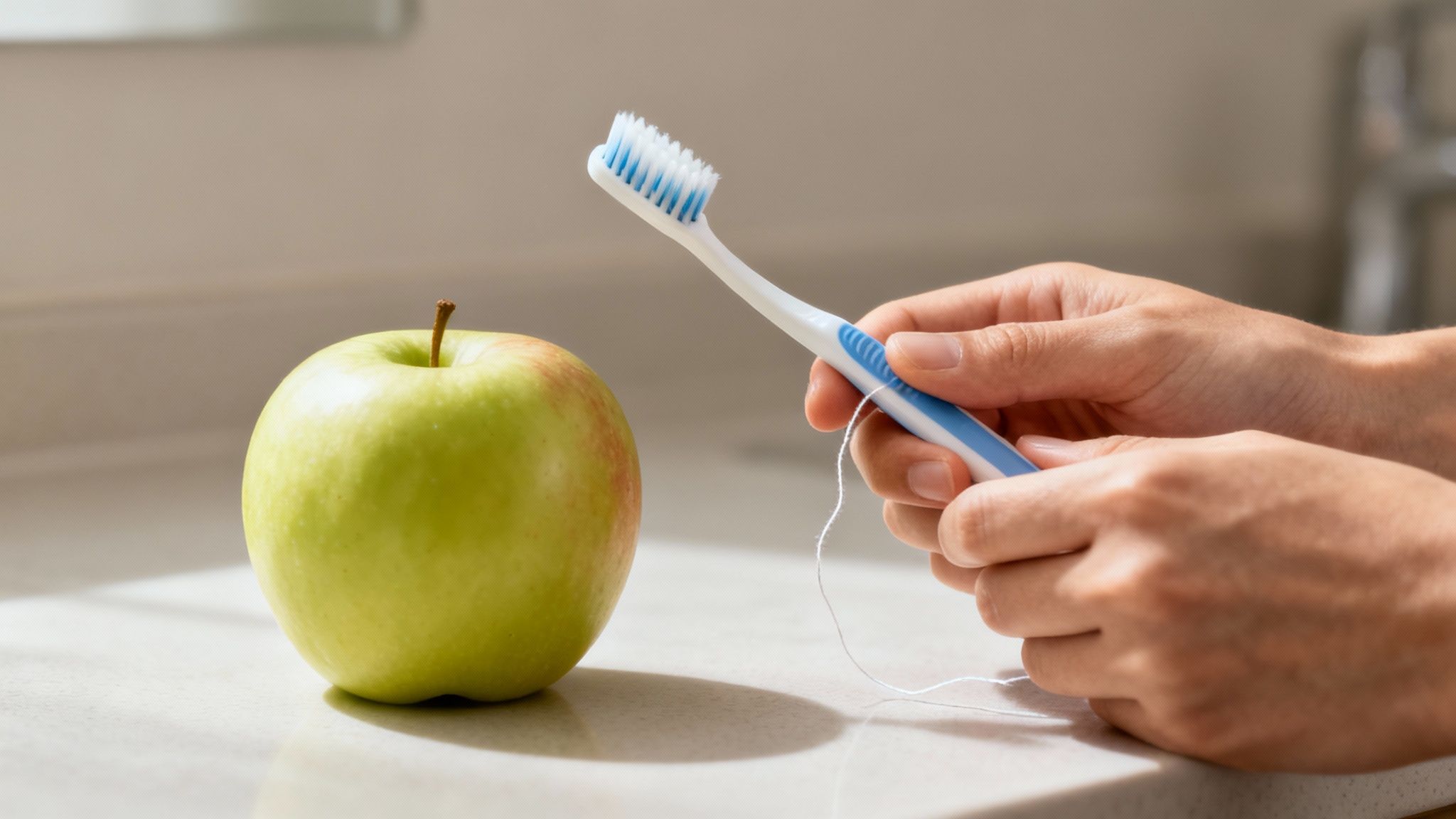 Hand holding toothbrush and floss next to green apple demonstrating daily oral hygiene routine
