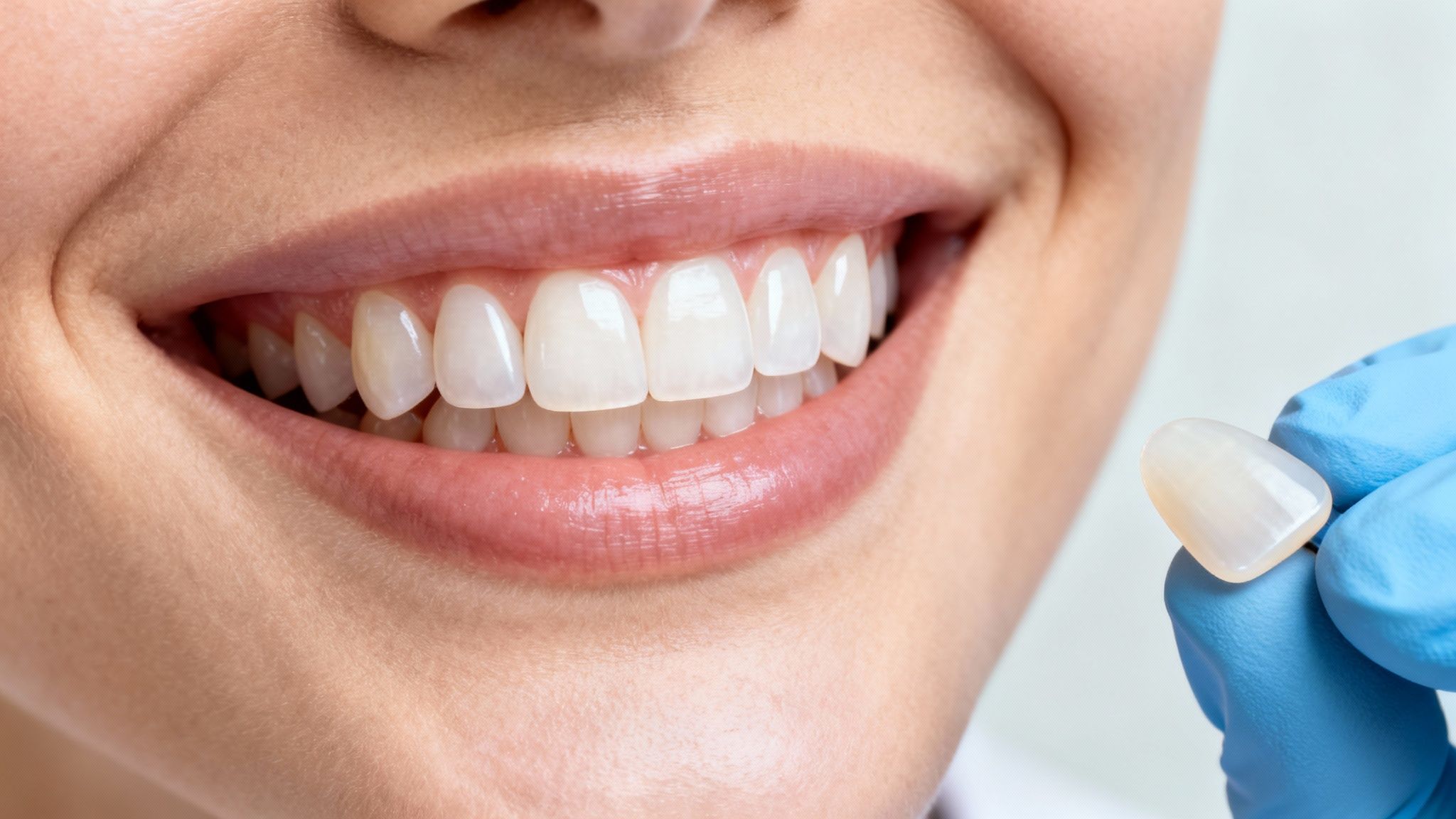 Close-up of a smiling person with perfect white teeth and a dental veneer held by a gloved hand.