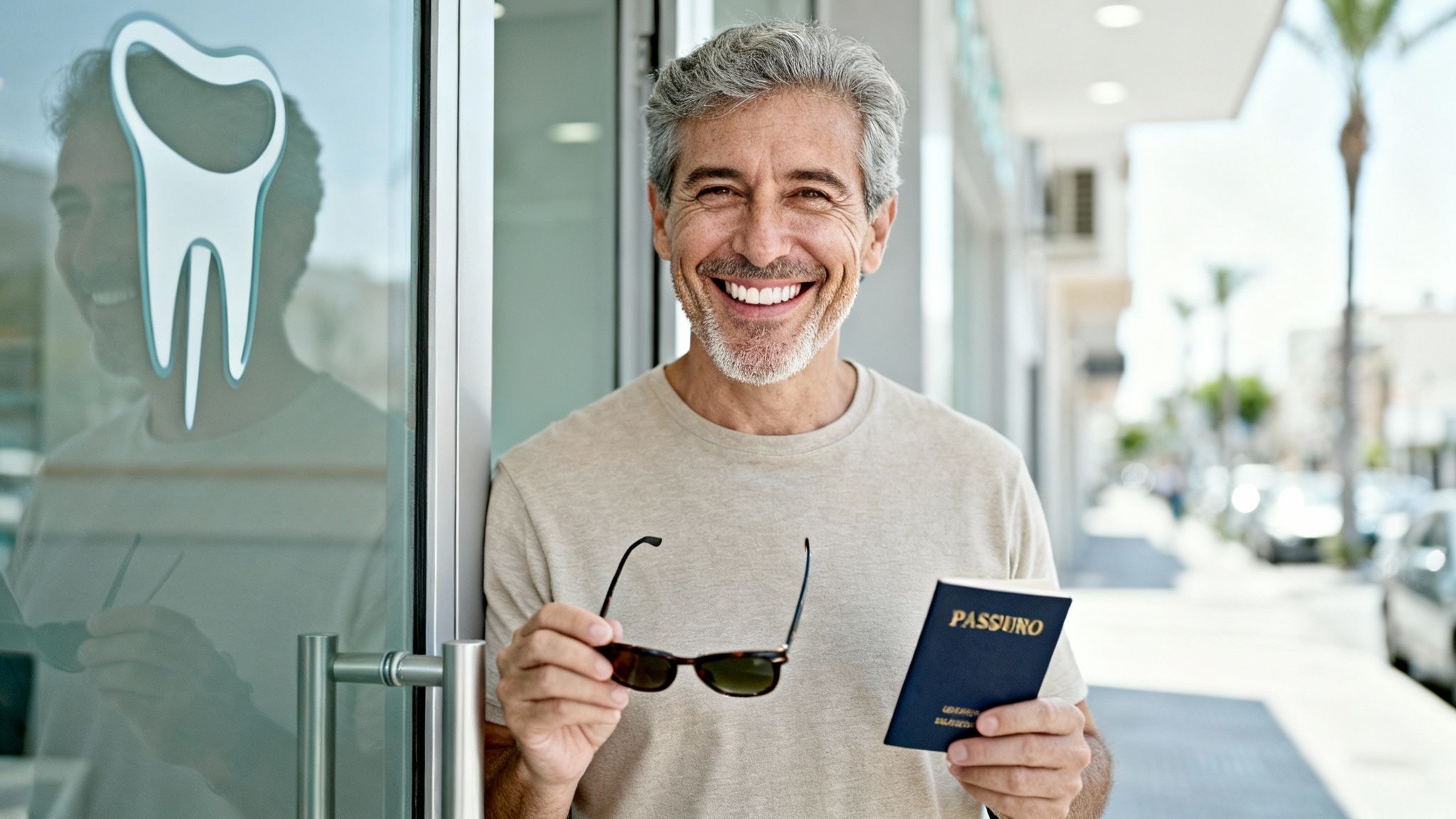 Smiling man with grey hair outside a dental clinic, holding sunglasses and a passport.
