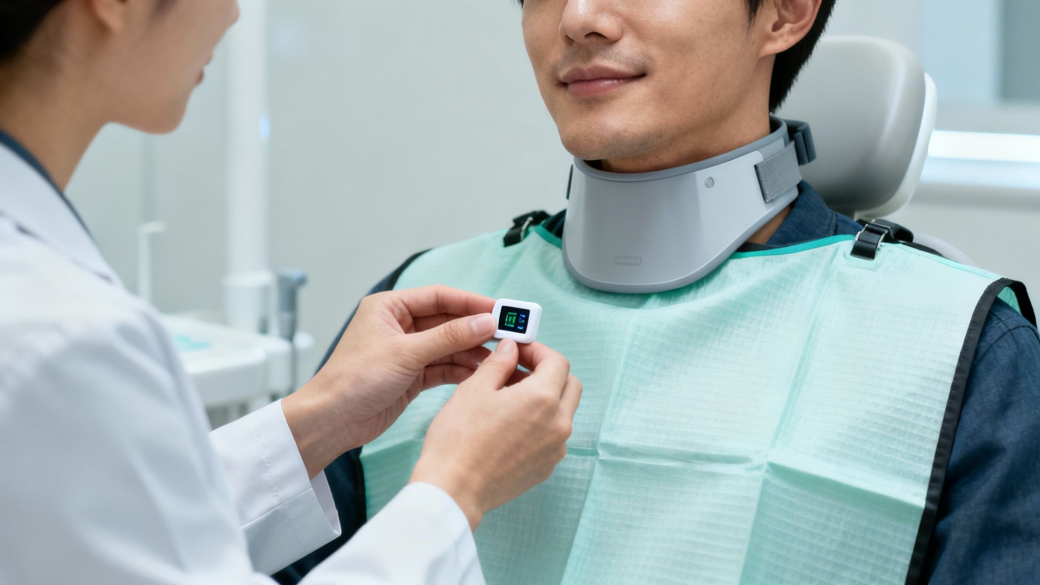 Dental assistant preparing a patient for a digital x-ray, with a lead apron visible.