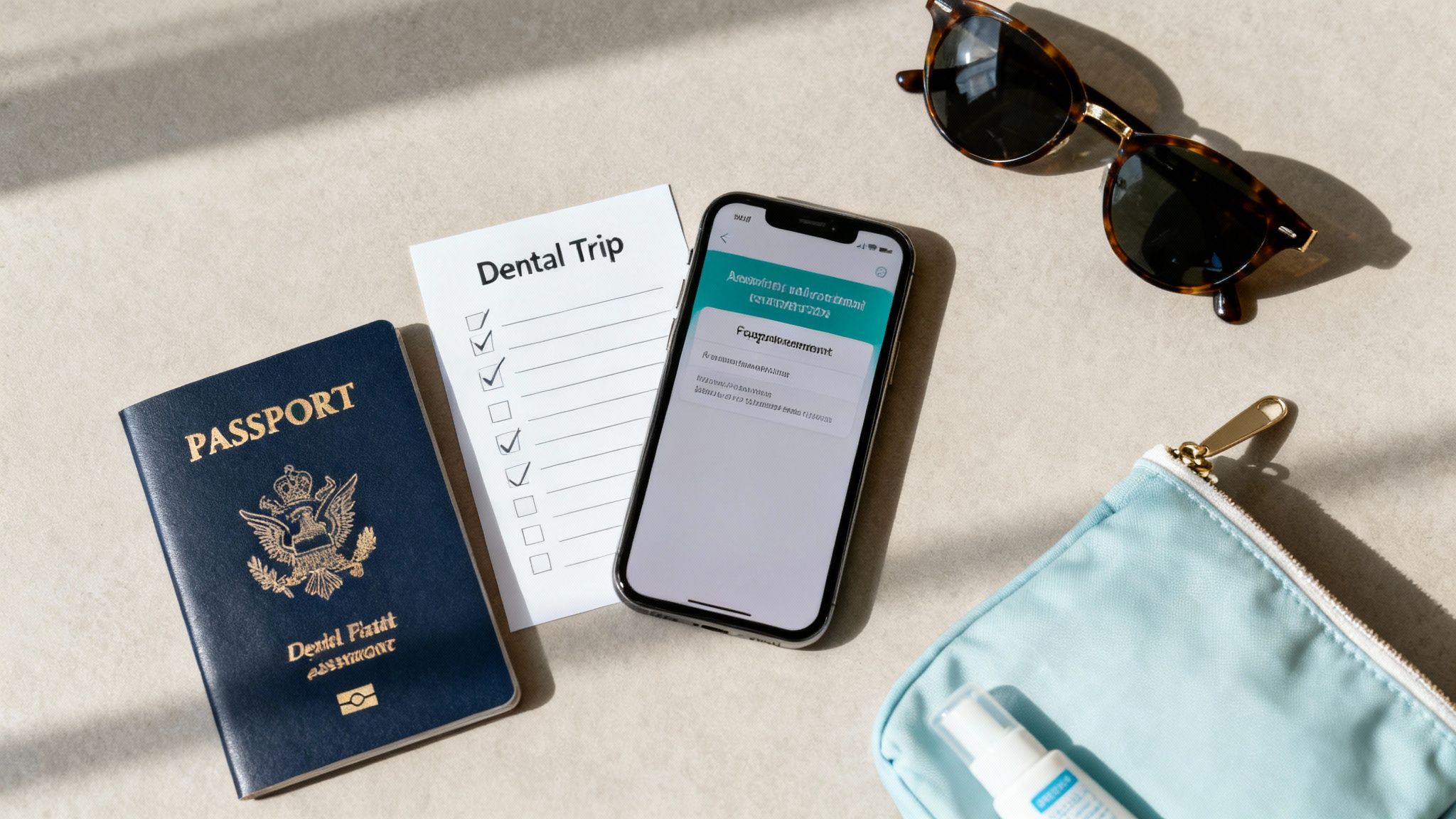A checklist and pen on a desk, symbolizing the planning process for a dental trip.