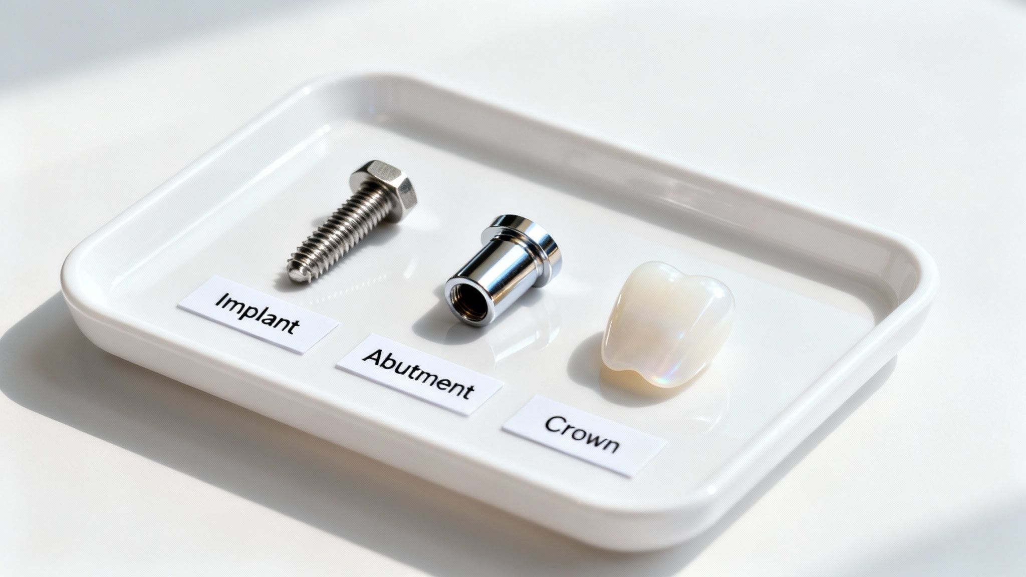 Three components of a dental implant, implant screw, abutment, and crown, neatly arranged on a white tray.
