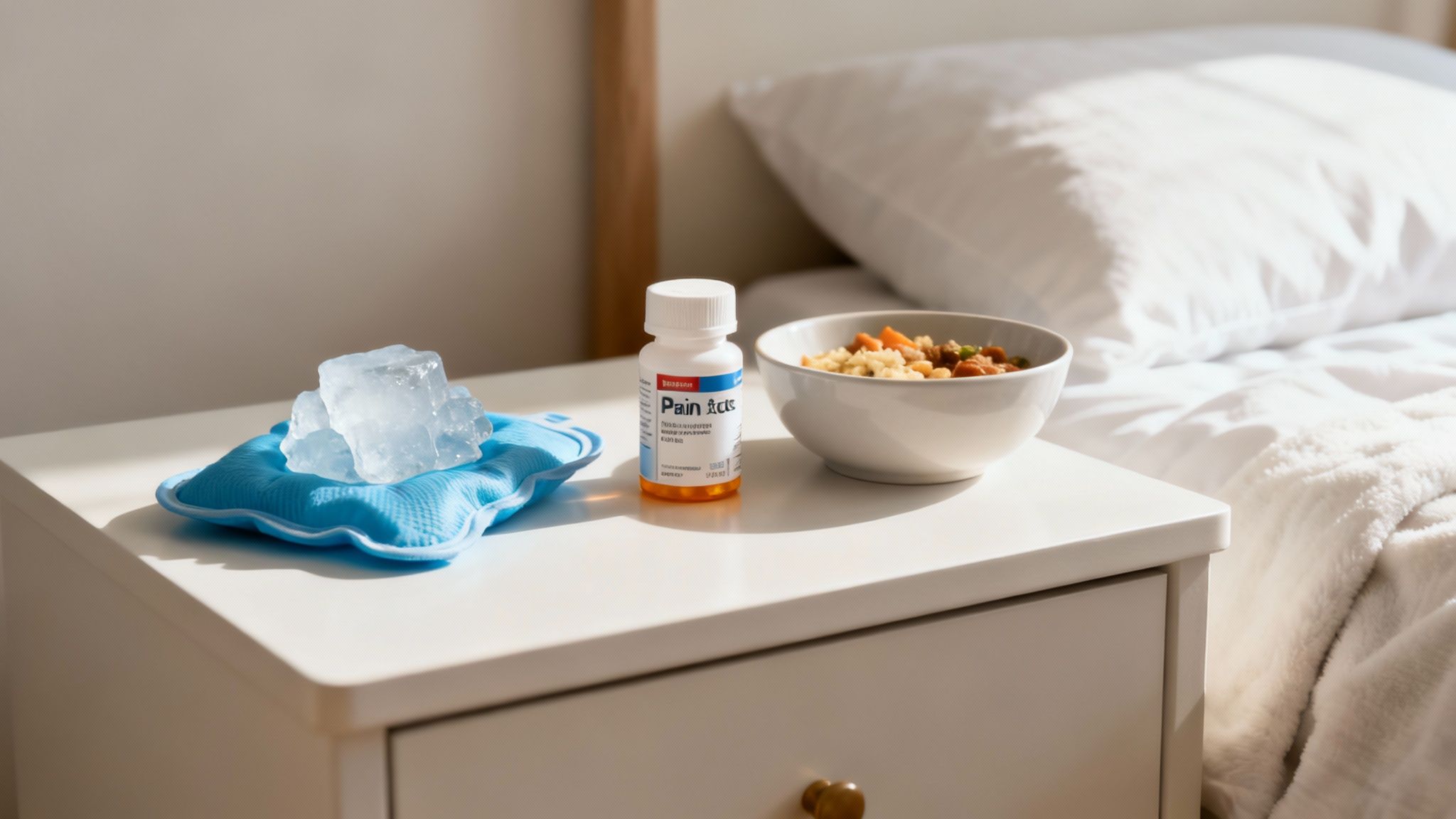 A person gently holding an ice pack to their cheek to reduce swelling after dental surgery.