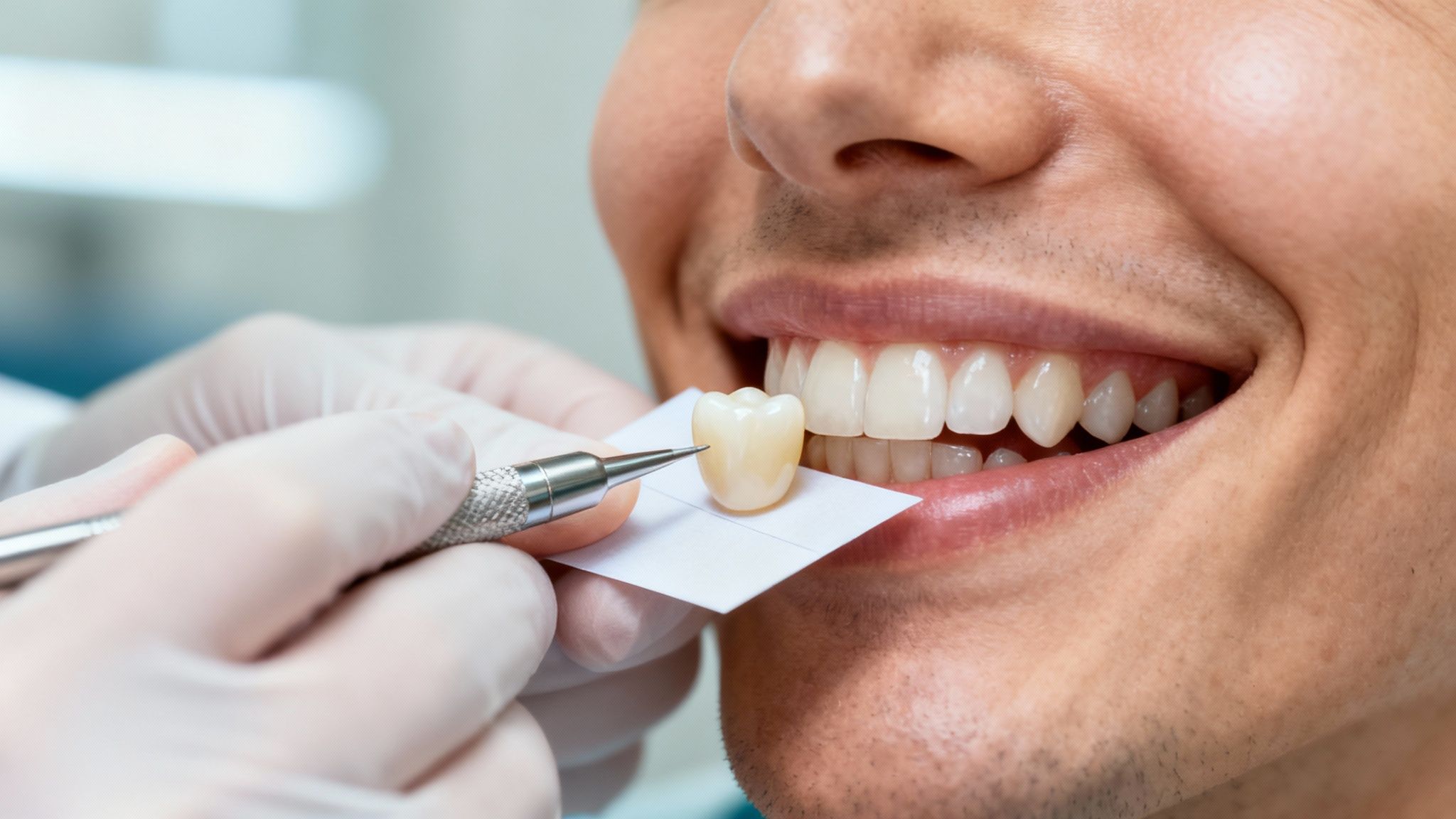 A person smiling, showing off their healthy teeth and a well-maintained dental crown.