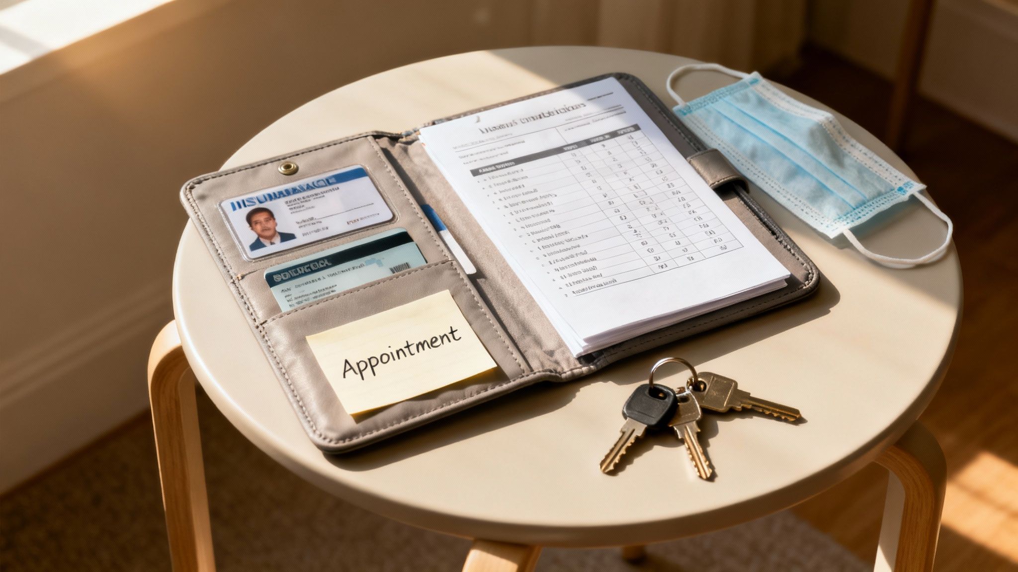 Wallet with ID cards, a planner, keys, and a face mask on a table, ready for an appointment.