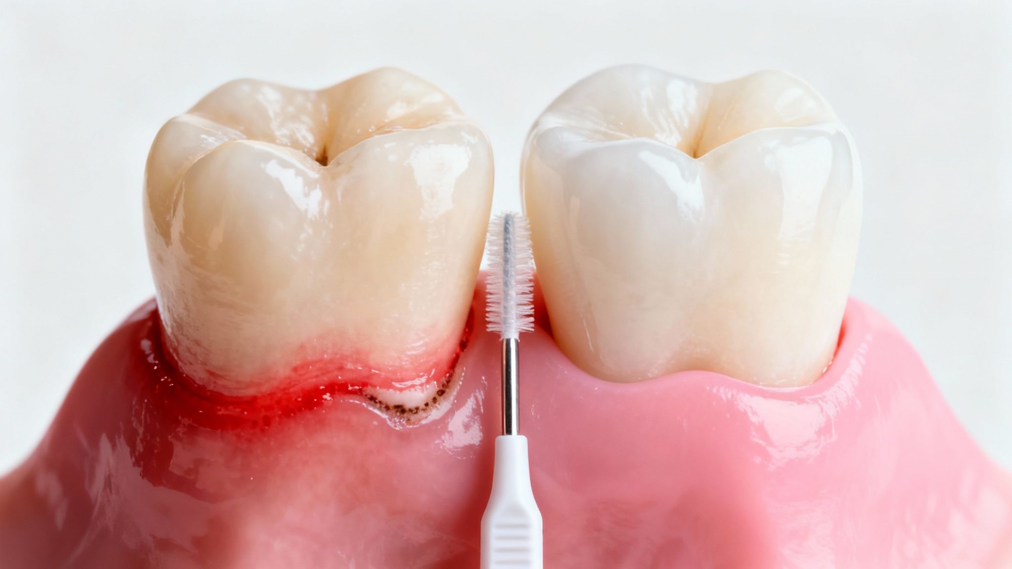 Interdental brush positioned between a tooth with inflamed, bleeding gums and a healthy tooth.