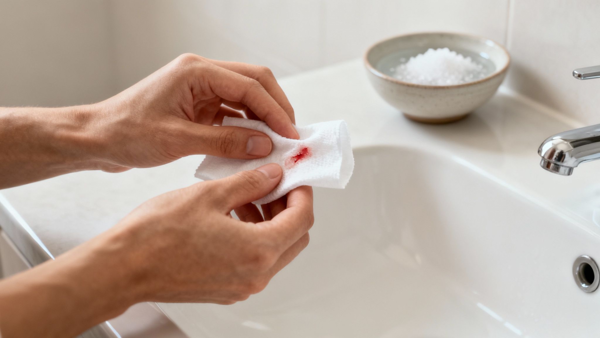 Hands applying white gauze to minor bleeding wound near bathroom sink with antiseptic bowl