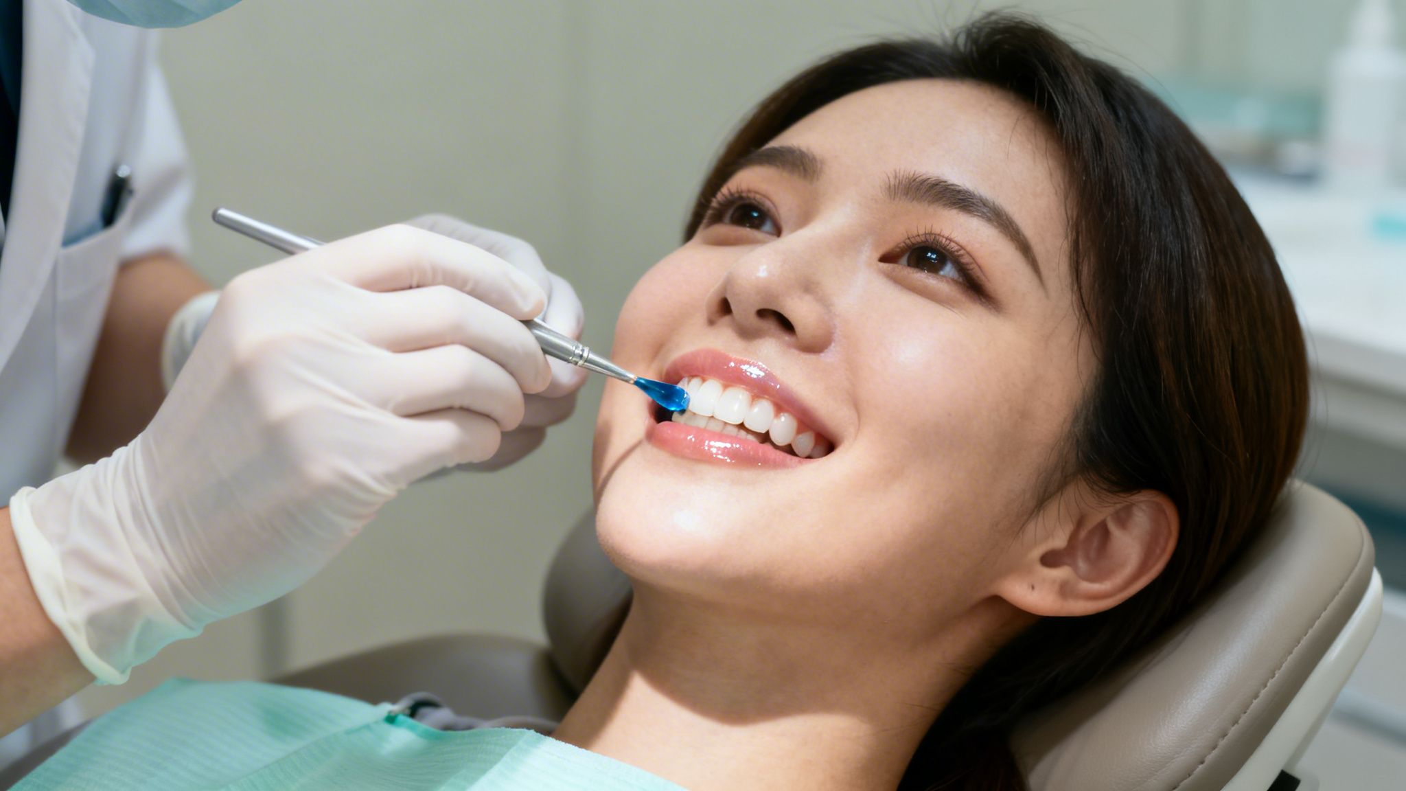 A dentist in white gloves applies blue fluoride treatment to a young woman's bright white teeth.