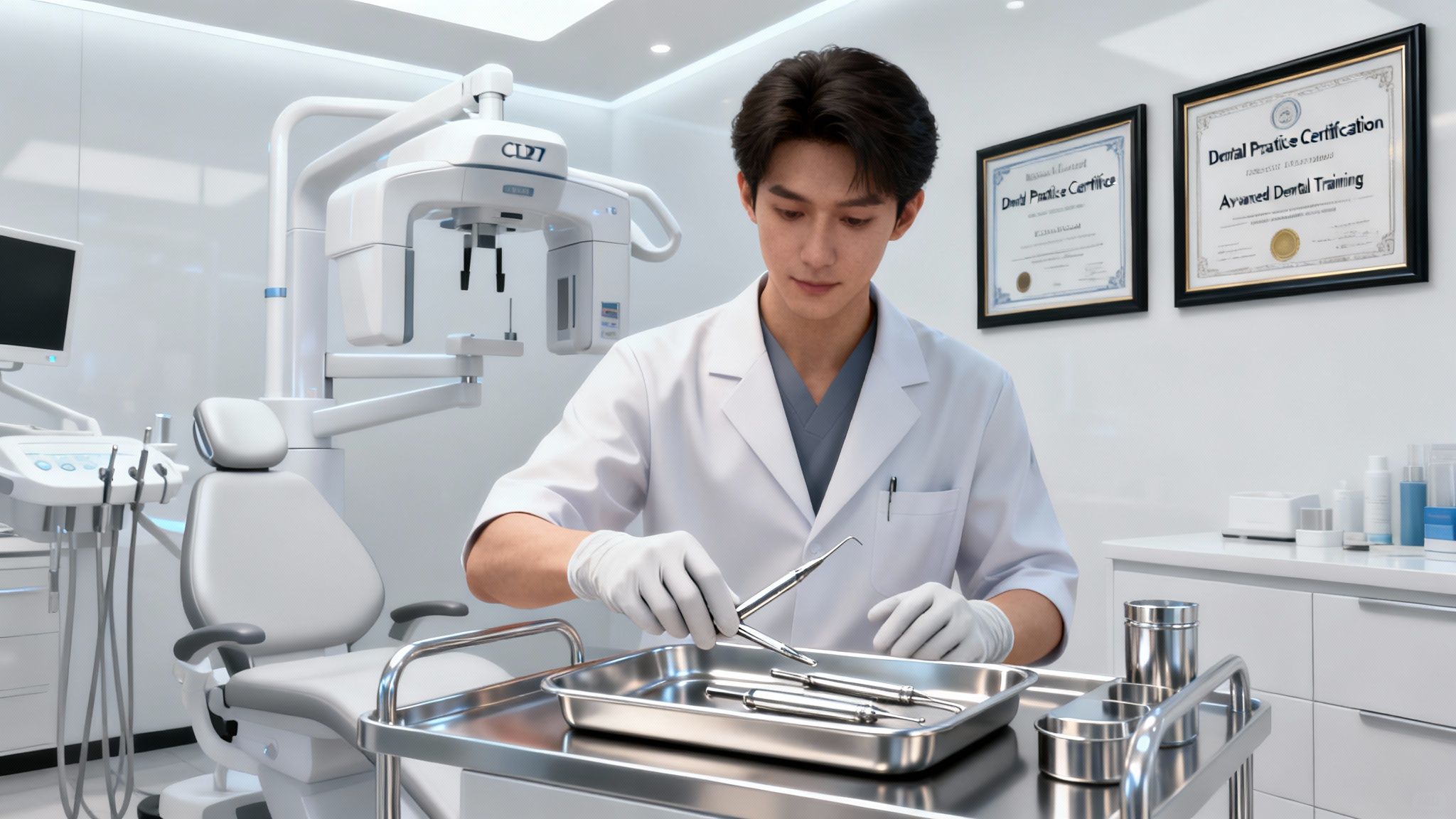 A young male dentist in a white coat and gloves prepares dental instruments in a modern clinic.