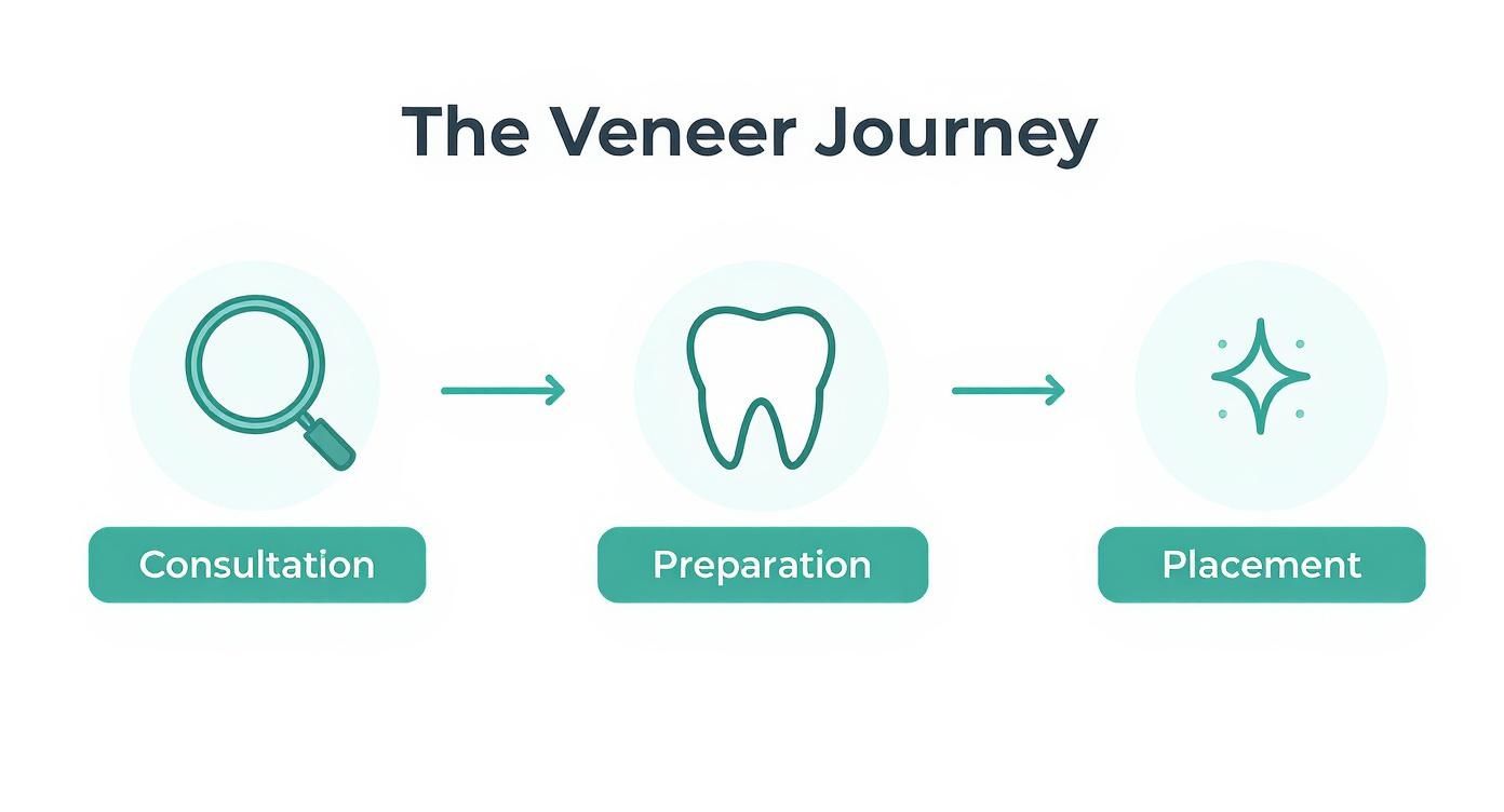 An infographic illustrating 'The Veneer Journey' steps: Consultation, Preparation, and Placement.