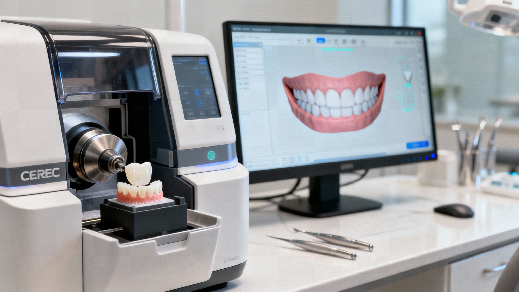 A dentist showing a patient their future smile on a computer screen.