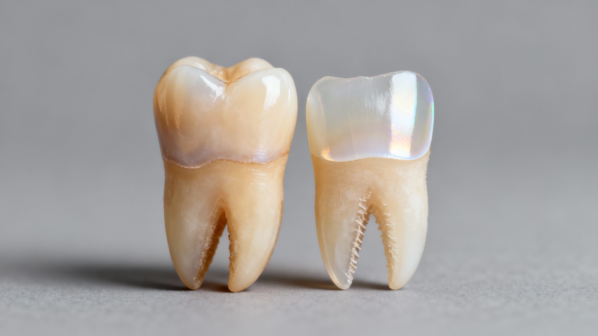 Close-up of two dental restorations: one a full crown, the other a partial veneer, on a grey background.