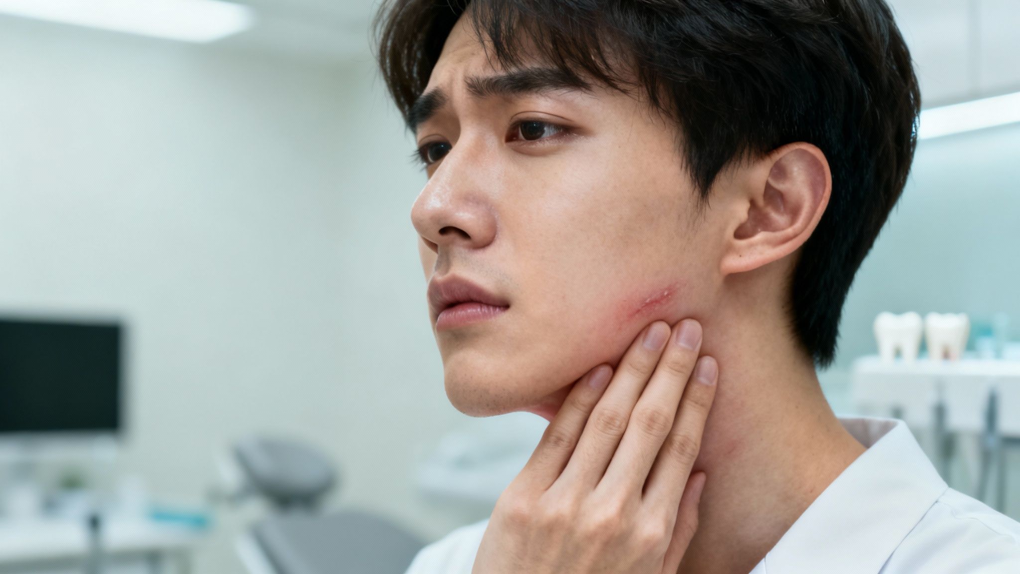 Young man experiencing pain, holding his jaw with a visible scratch on his cheek.