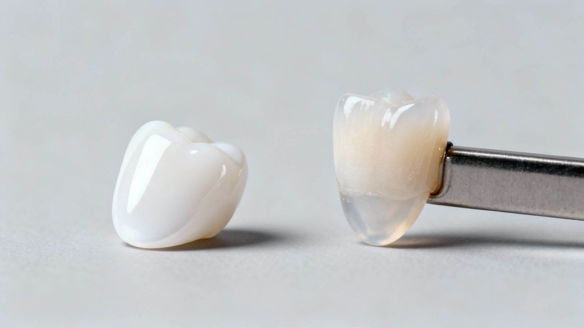 Two dental crowns displayed on a light background, one held by a metal tool, highlighting different material options.