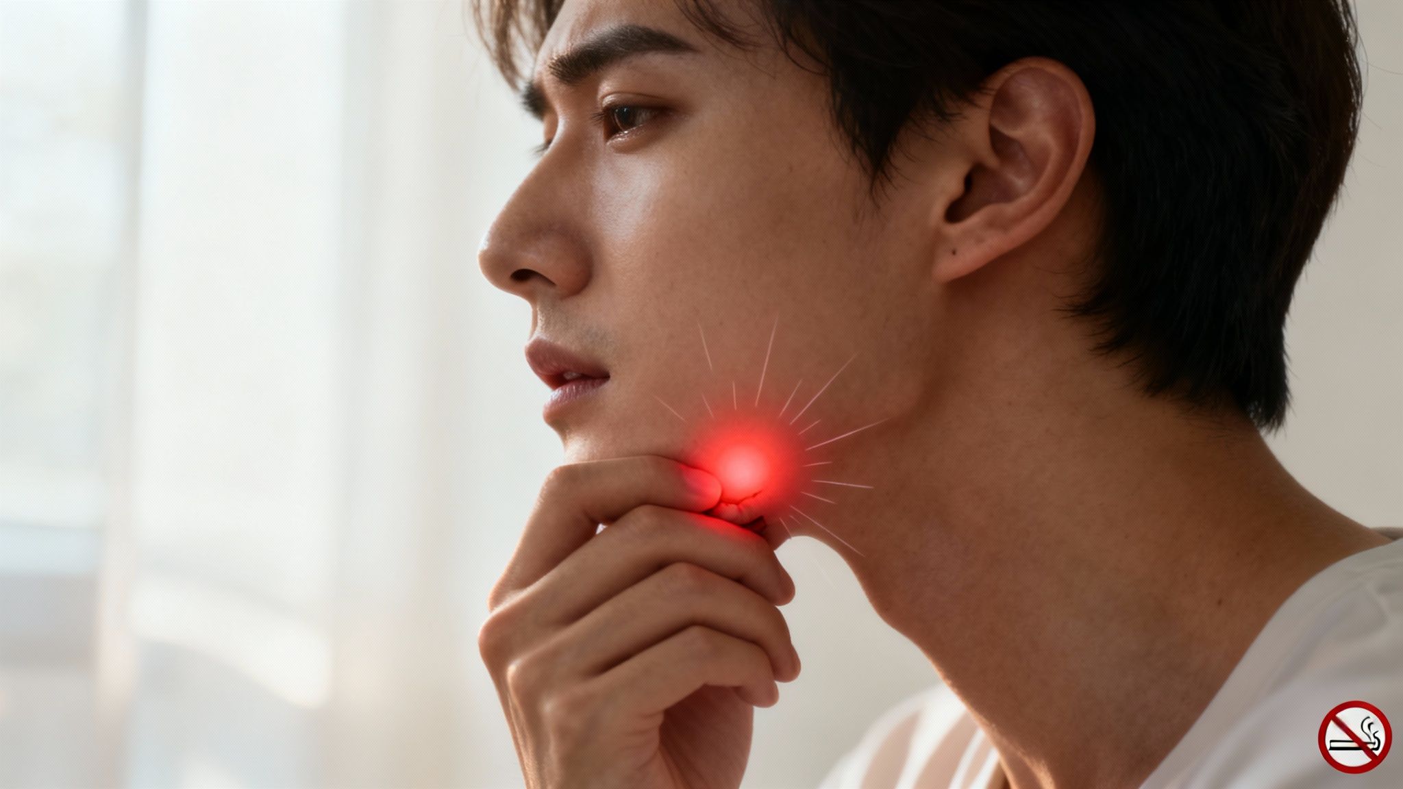 A person looking thoughtfully at their jaw, concerned about potential pain after a potential tooth extraction.