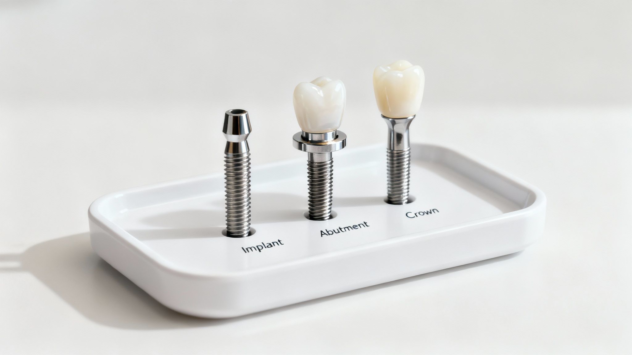 A dental implant model displaying the implant, abutment, and crown components on a white tray with labels.