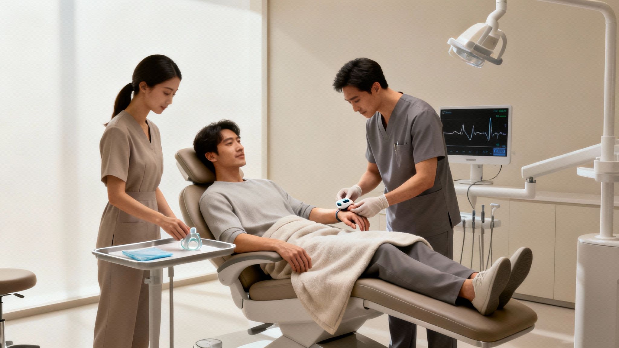 Medical professionals monitor a male patient's vitals in a modern dental clinic.