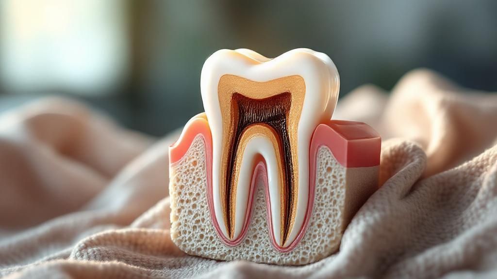 A detailed illustration showing the internal structure of a tooth, including the pulp and root canals.