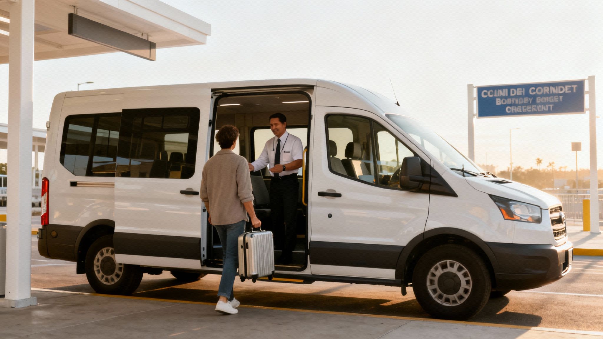 A driver in uniform helps a passenger with luggage board a white shuttle van.