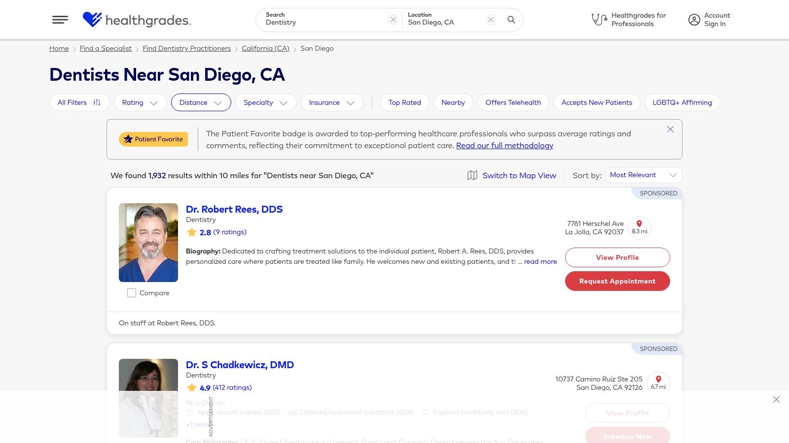 Healthgrades search interface showing dentist profiles in San Diego.