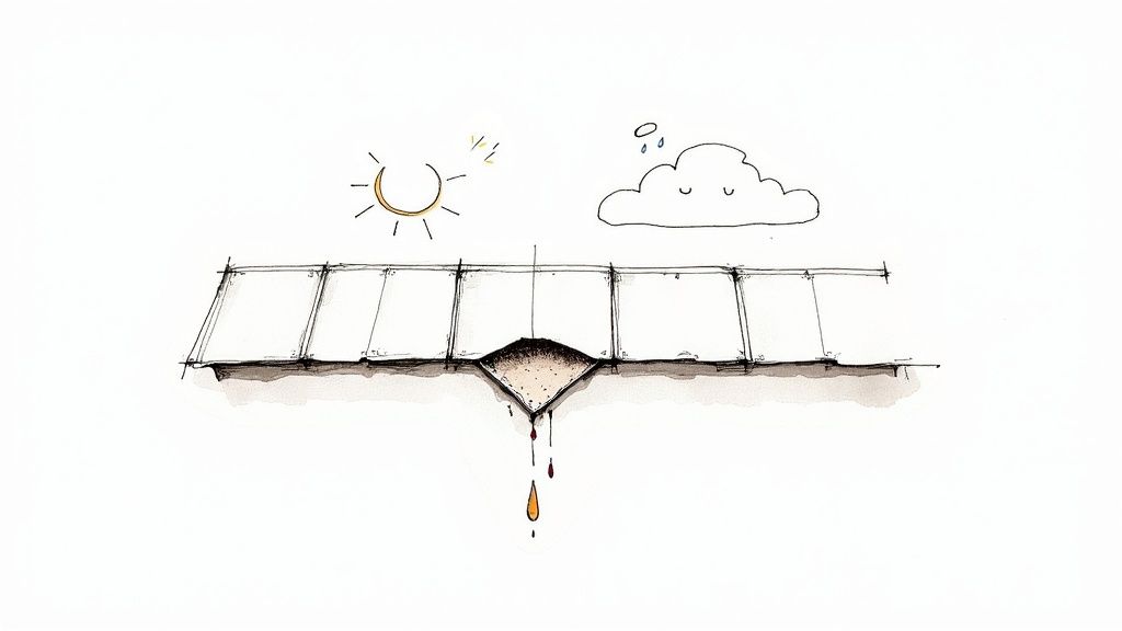 Watercolor illustration showing damaged roof tile with water droplet leaking through opening in sunlight