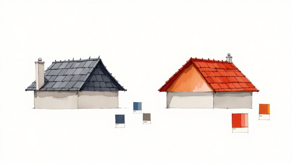 A stack of cash next to a shingle sample, symbolizing the cost and investment of a new roof.