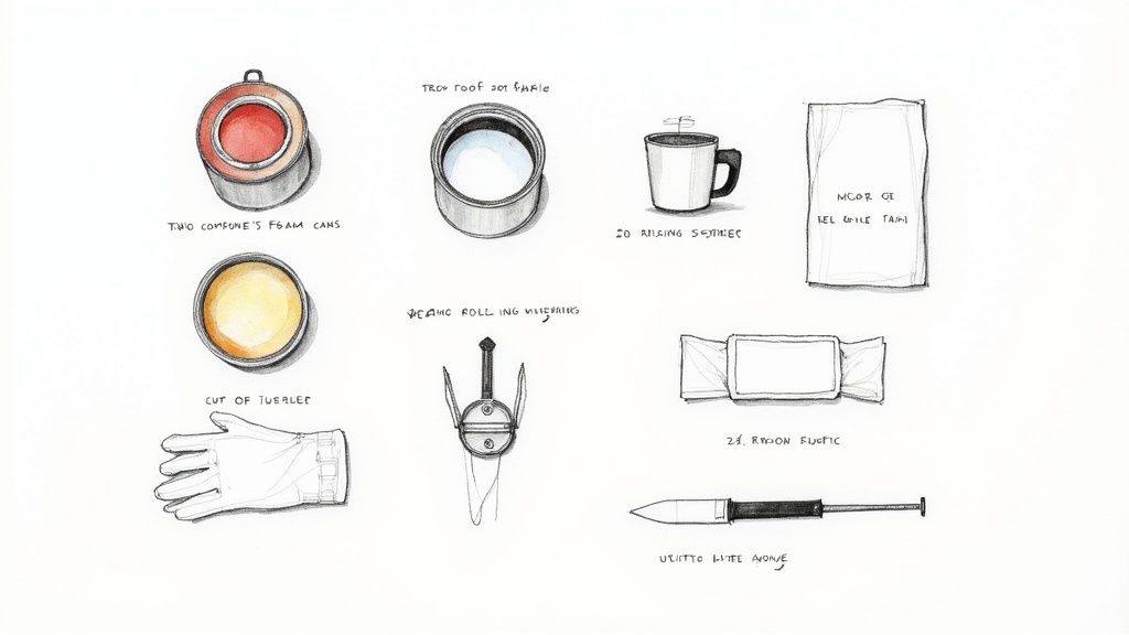 A collection of roofing repair tools, including brushes, rollers, and sealant containers, laid out on a clean surface.