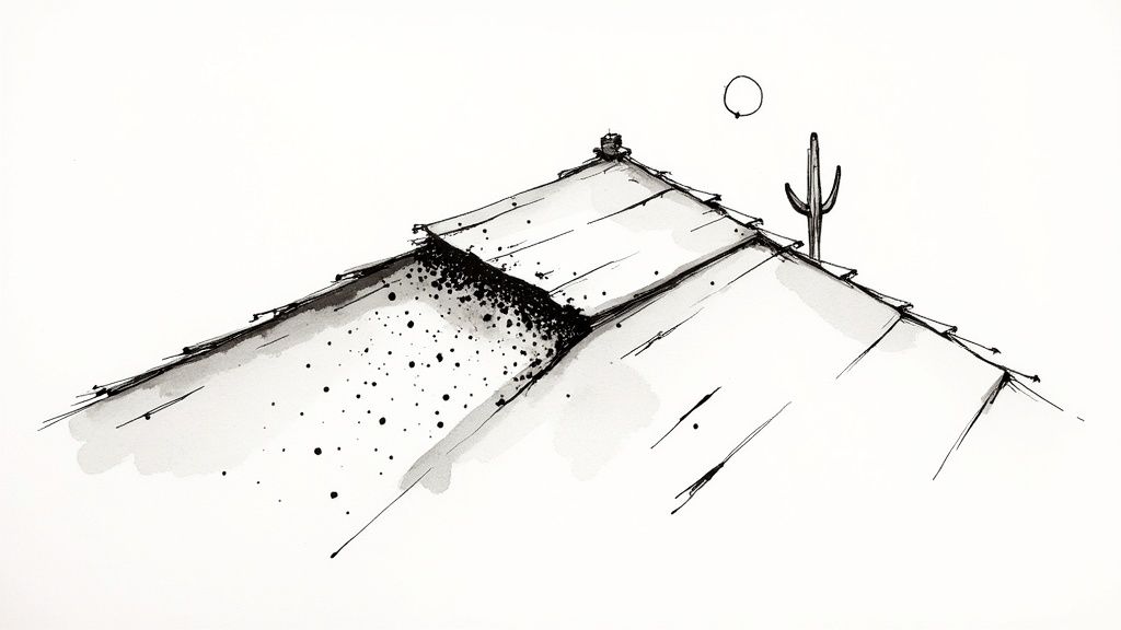 A professional roofer inspecting an old shingle roof for damage.