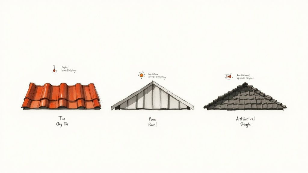 Three different types of roofing materials suitable for hot climates, laid out side-by-side.