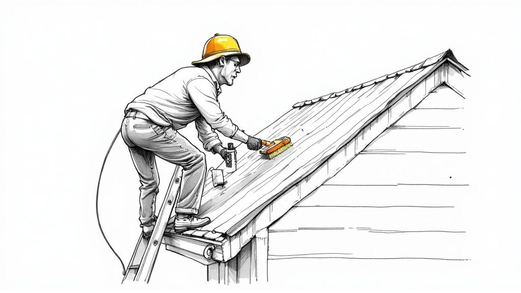 A person inspecting a metal roof with a blue sky in the background.