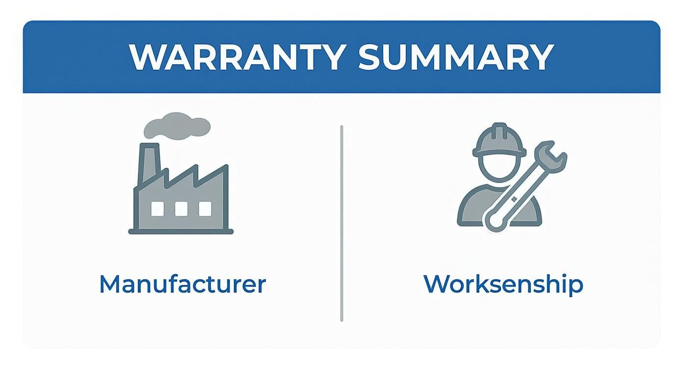 A warranty summary graphic showing manufacturer and workmanship coverage with respective icons.