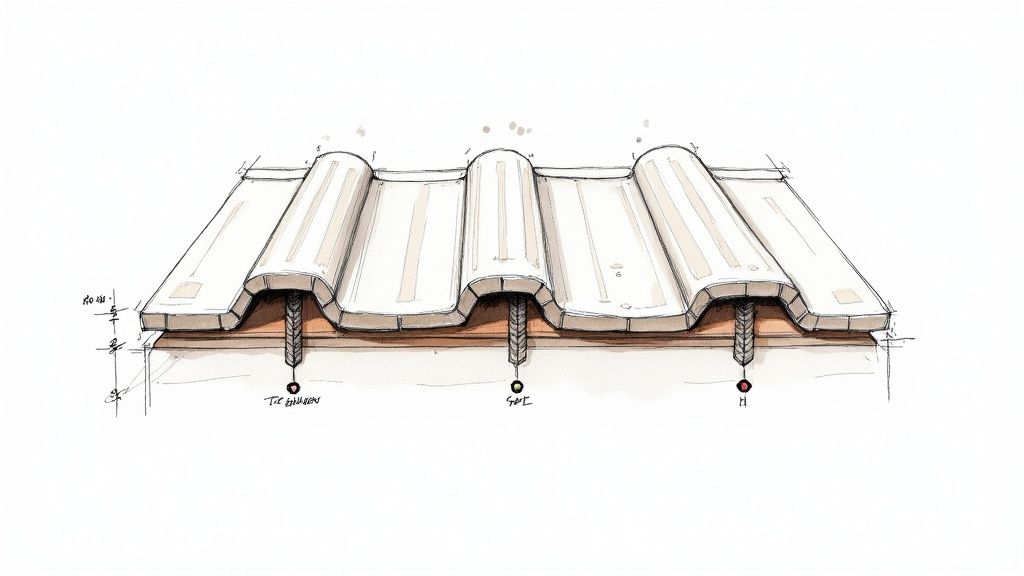 Architectural drawing showing a cross-section of corrugated concrete roof tiles and their mounting system.