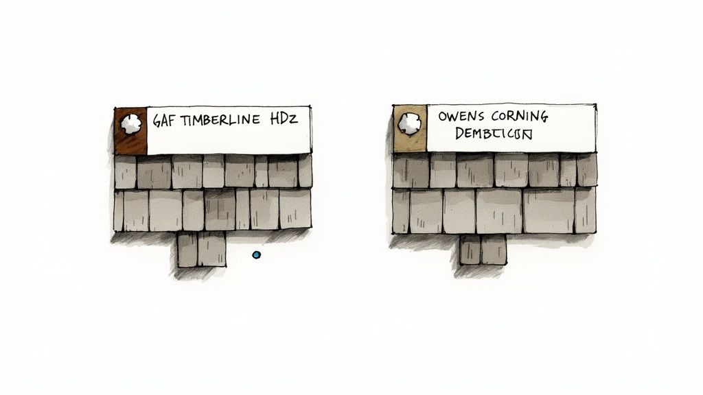 Two shingle samples, one GAF and one Owens Corning, placed side by side for a direct visual comparison of their nailing zones and texture.