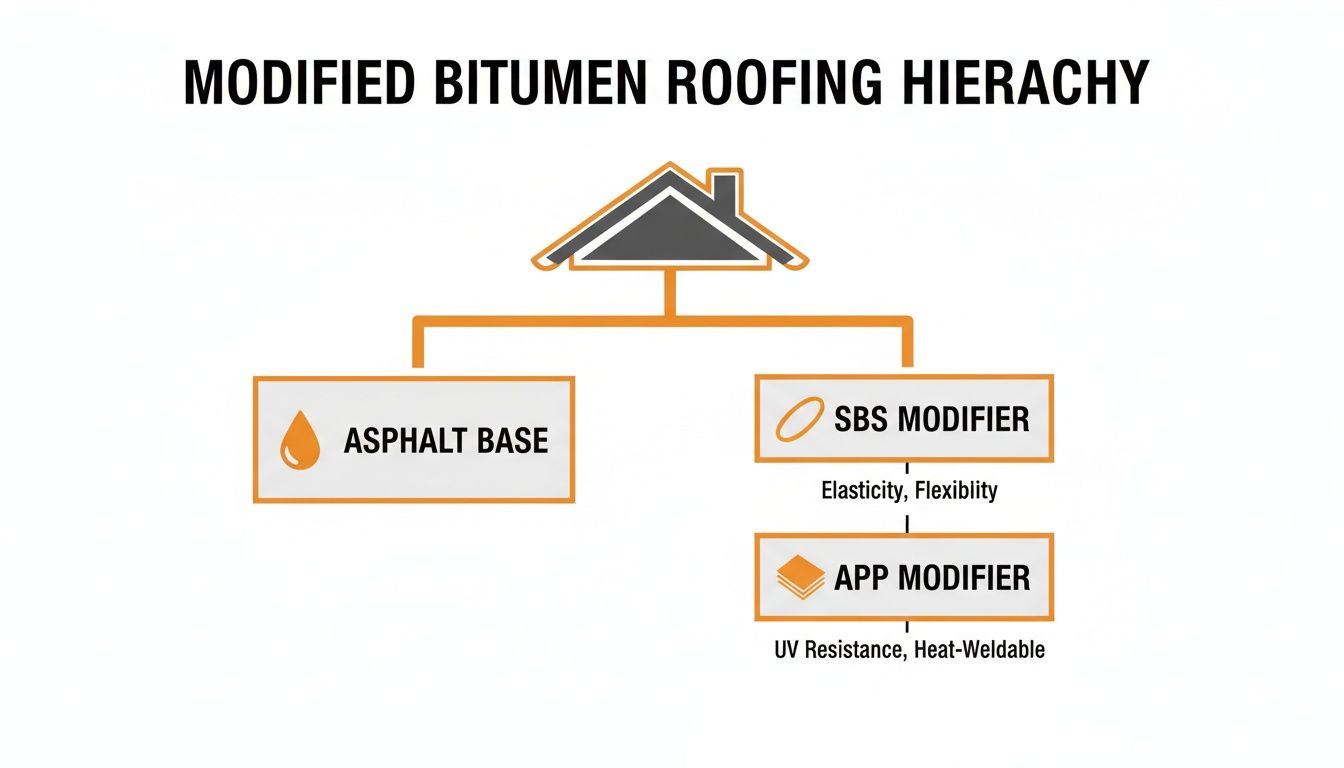 A diagram illustrating the modified bitumen roofing hierarchy, showing asphalt base, SBS, and APP modifiers with properties.
