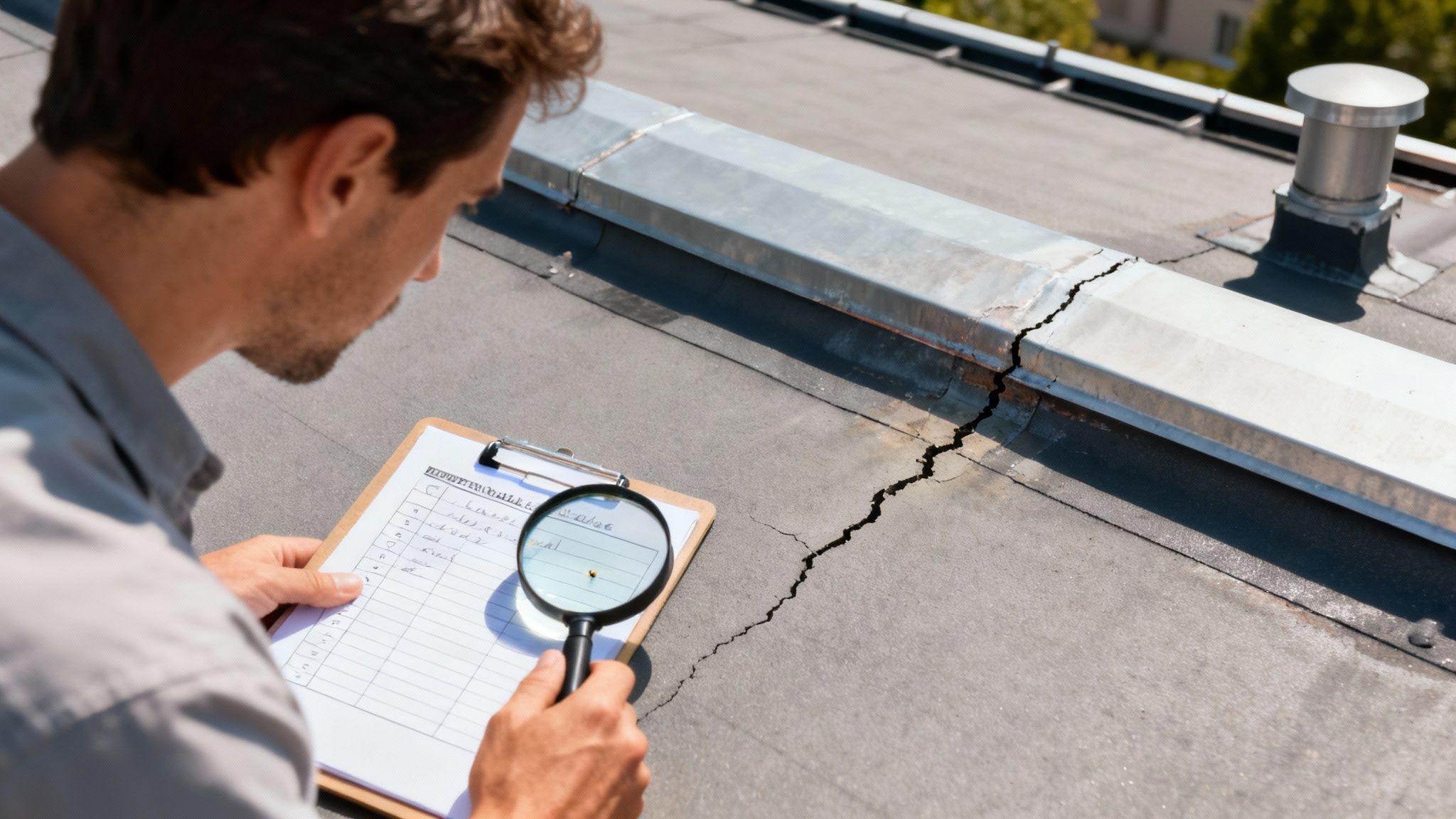 A person safely inspecting a flat roof surface for signs of wear and tear.