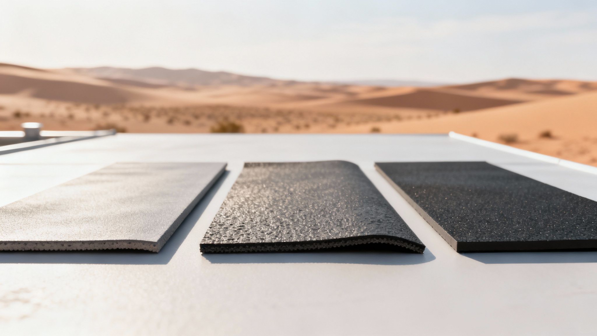 A detailed shot of a white reflective flat roofing material being installed under the desert sun.