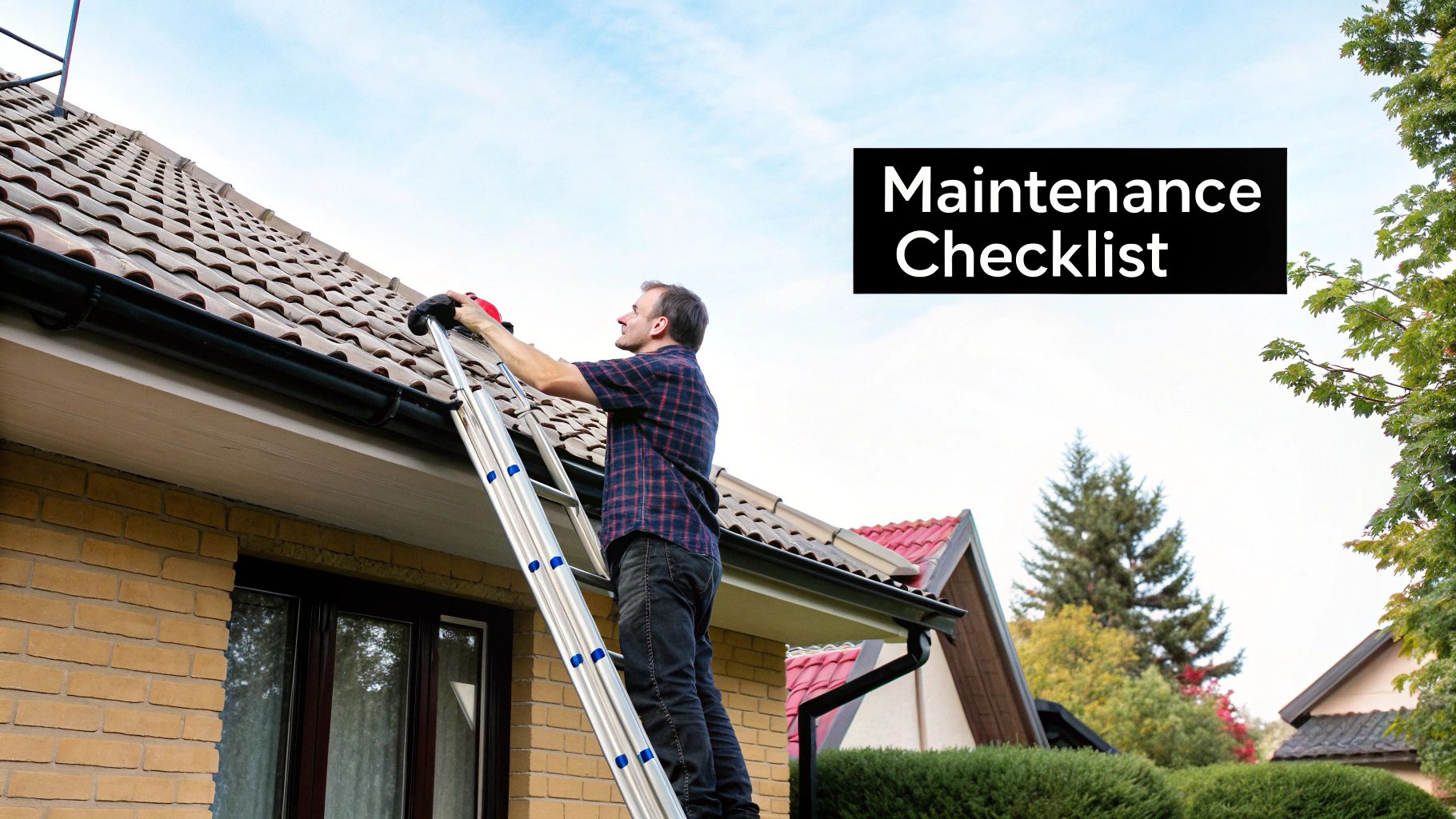A person safely inspecting their roof with a checklist.