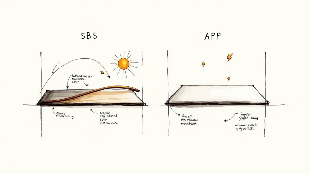 Diagram comparing SBS and APP modified bitumen roofing systems, illustrating their distinct features and environmental resilience.