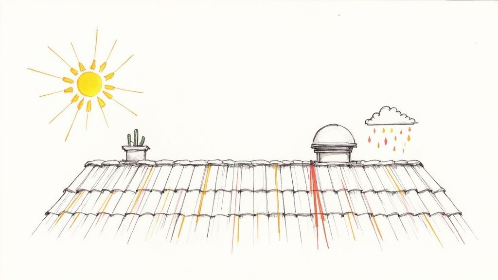 Illustration of a roof showing sun, rain, a cactus, and colorful streaks on tiles.