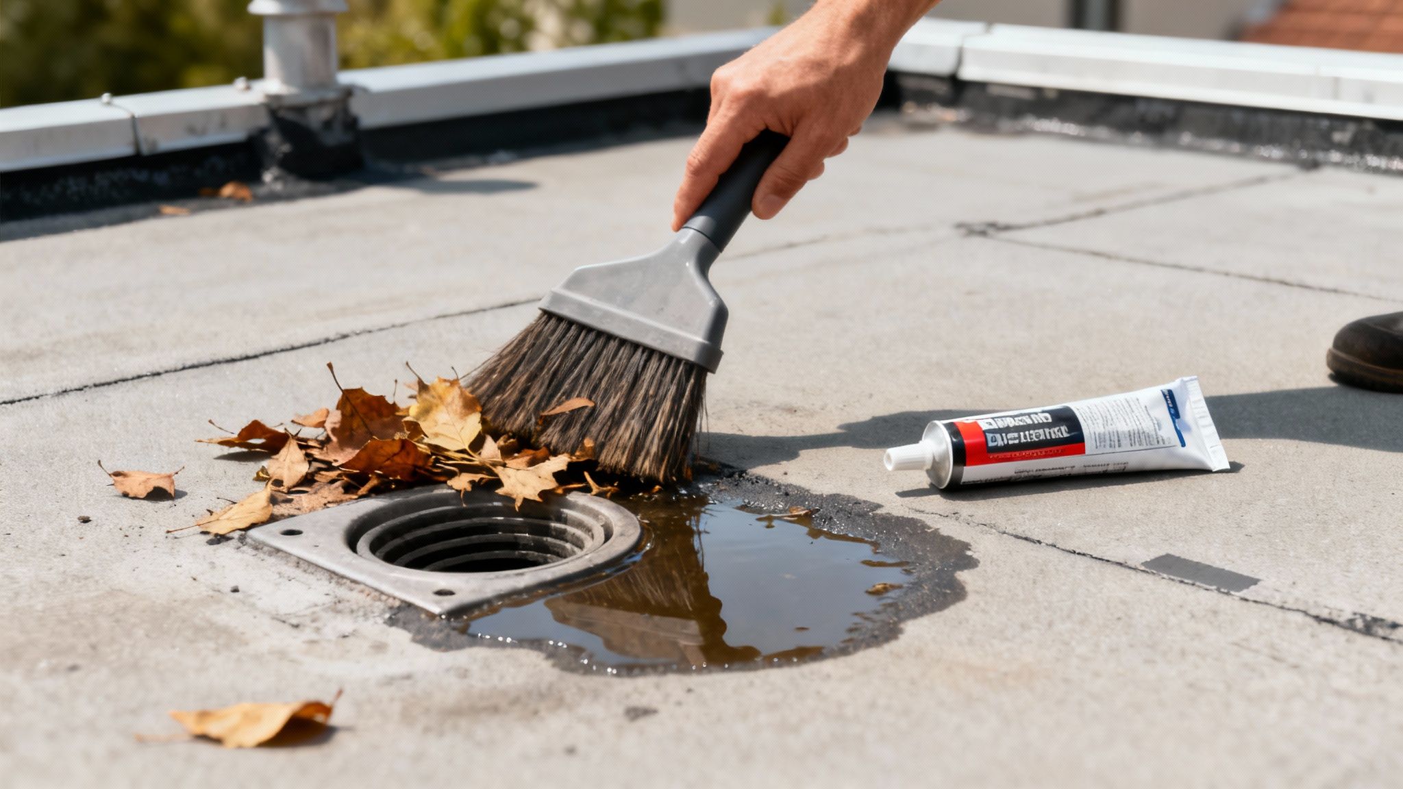 A roofing professional cleaning debris off a flat roof surface.