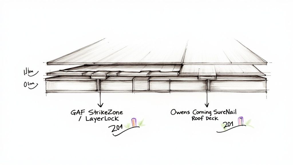 A certified roofing installer carefully nailing a shingle onto a new roof, with branding visible on their shirt.