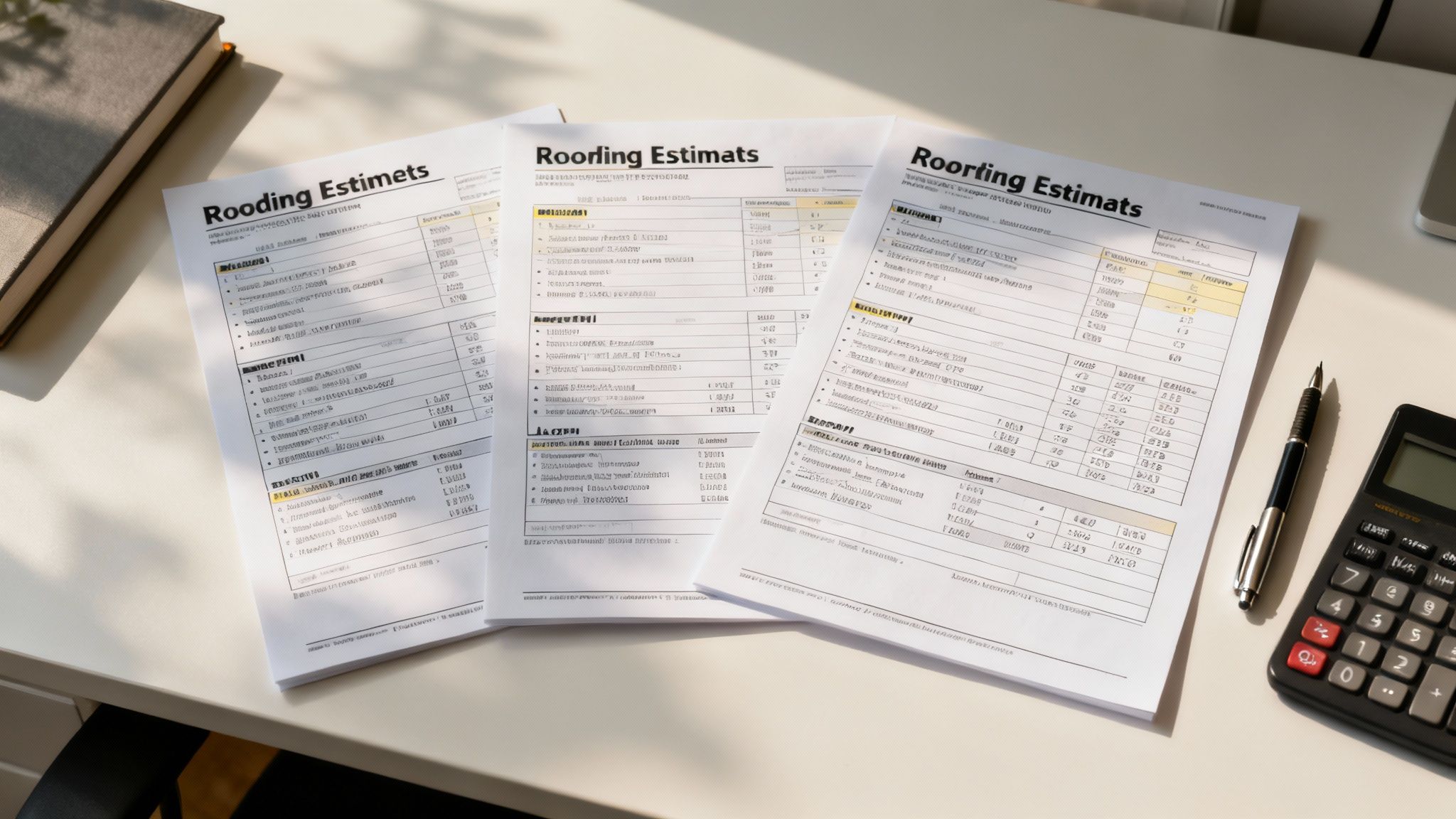 A homeowner carefully reviewing a detailed roofing estimate and contract at their kitchen table.