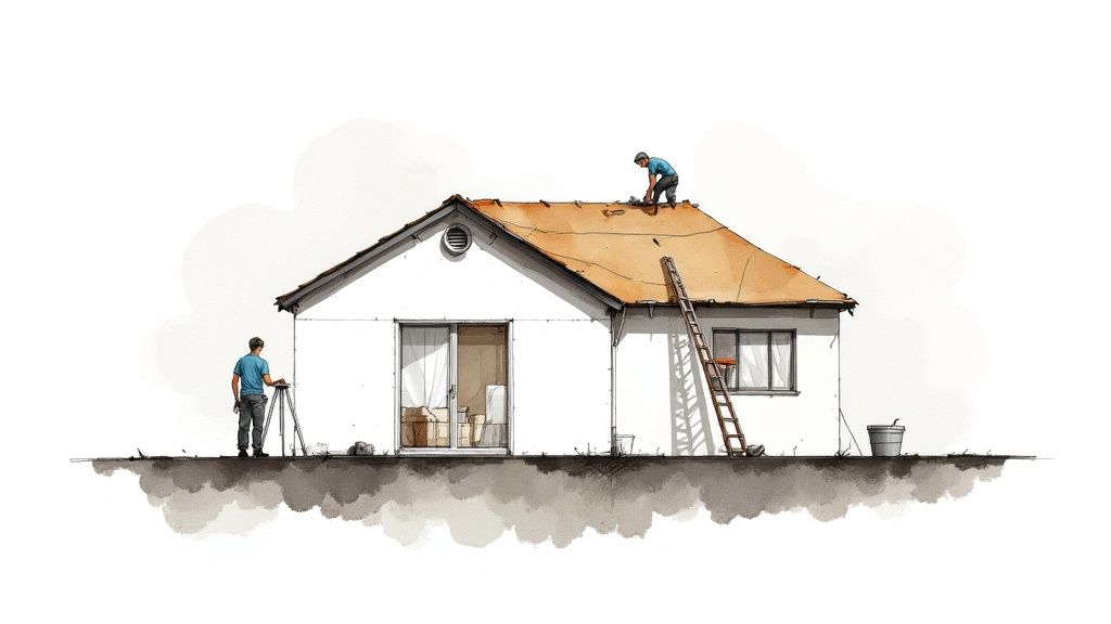 A homeowner placing a bucket under a ceiling leak to catch dripping water.