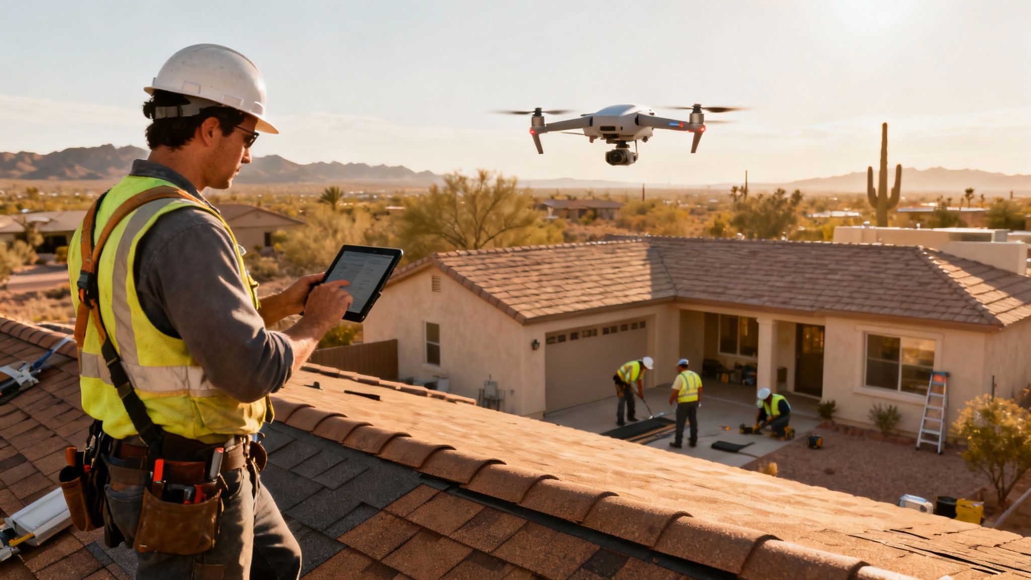 A skilled roofing crew works together on a residential roof in the Tucson desert, showcasing teamwork and modern tools.