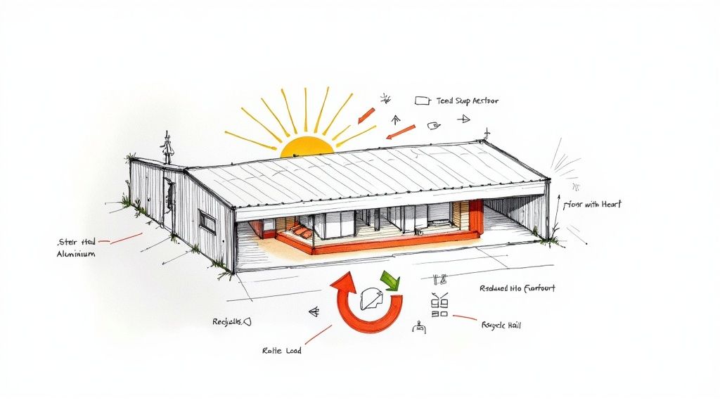 Workers installing a large metal roof on a commercial warehouse, showcasing the scale of the project.